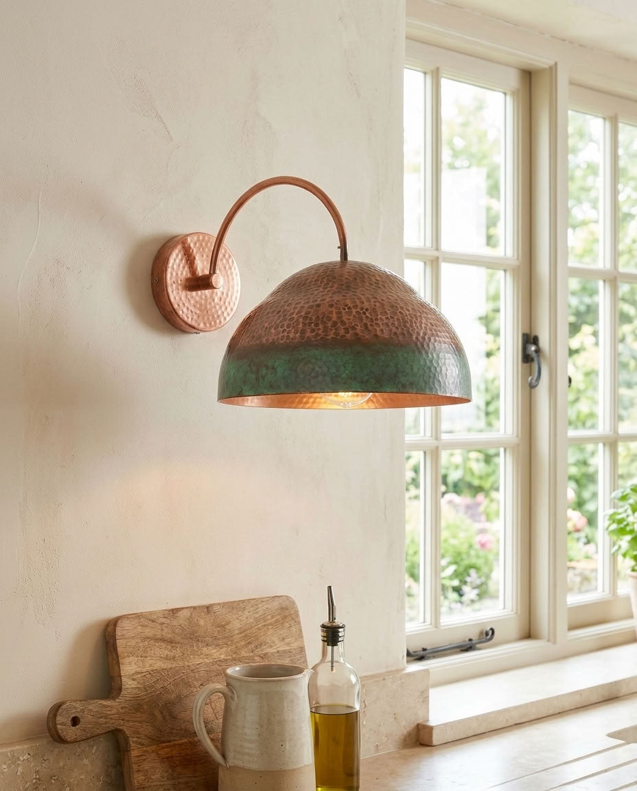 Hammered Copper Dome Wall Sconce with Green Patina Band