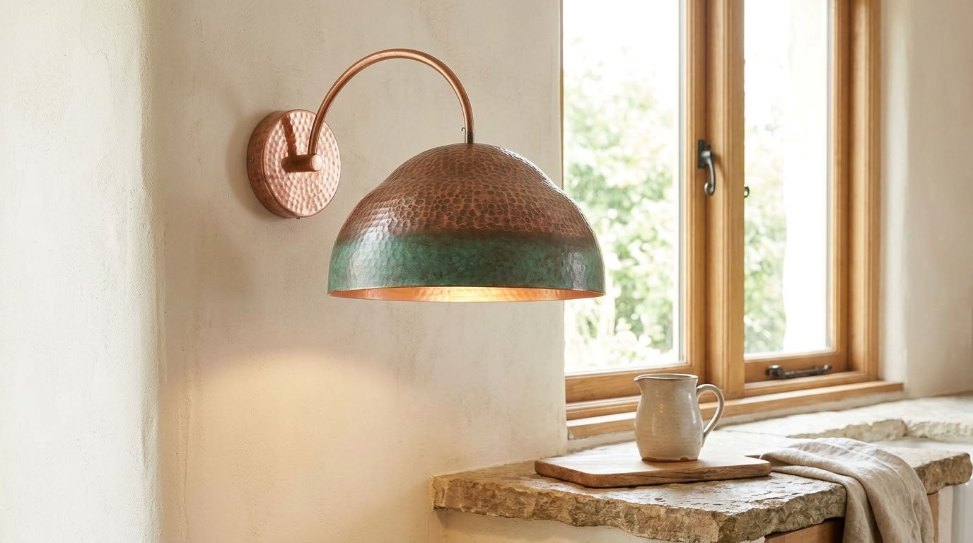 Hammered Copper Dome Wall Sconce with Green Patina Band