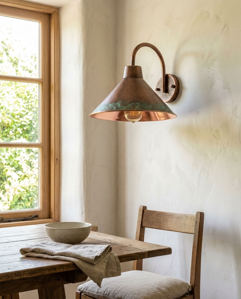 Hammered Copper Cone Wall Sconce with Patina Rim