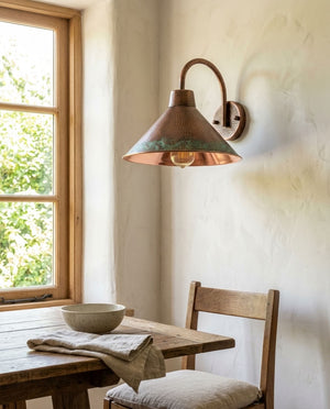 Hammered Copper Cone Wall Sconce with Patina Rim