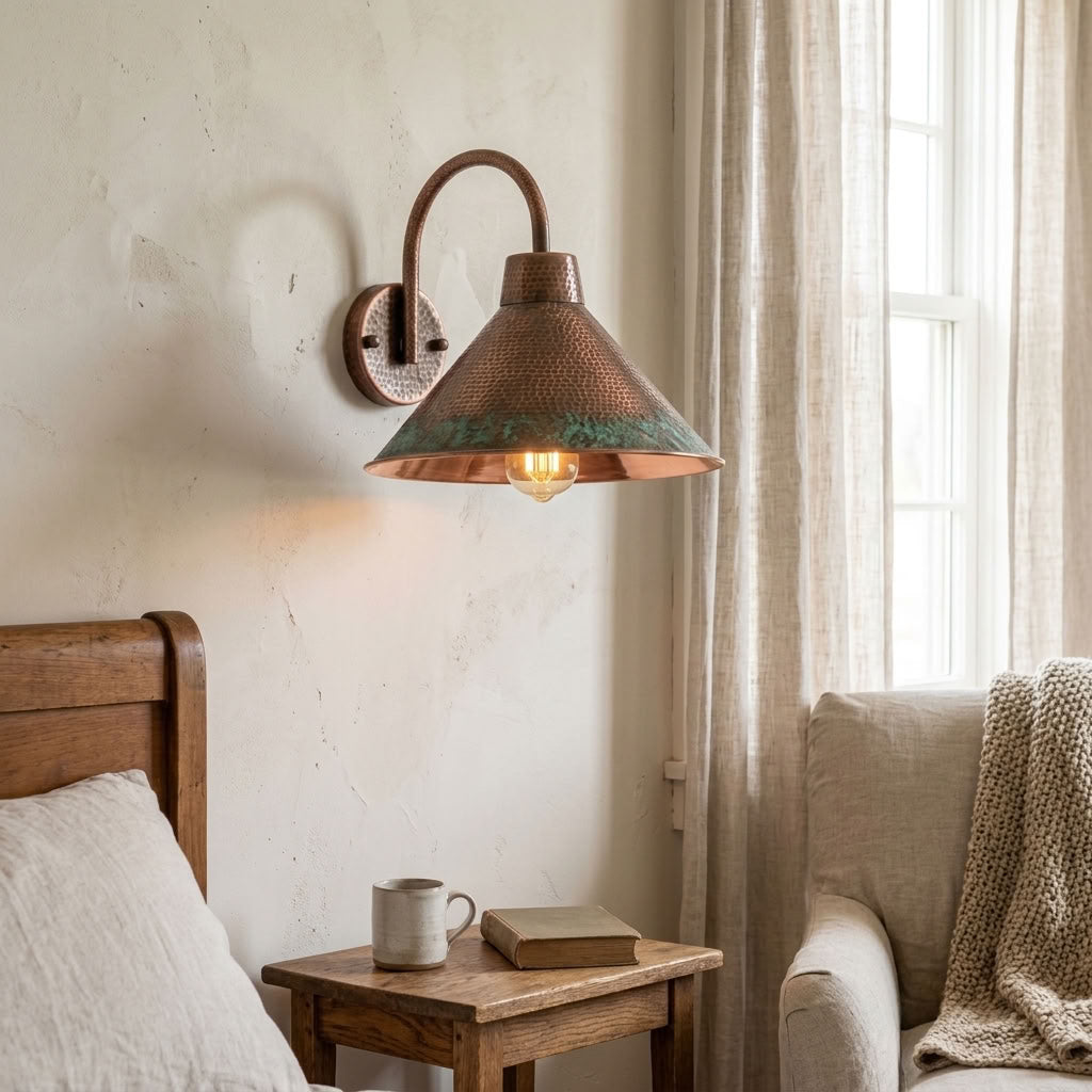 Hammered Copper Cone Wall Sconce with Patina Rim