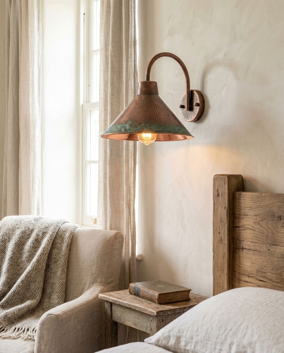 Hammered Copper Cone Wall Sconce with Patina Rim
