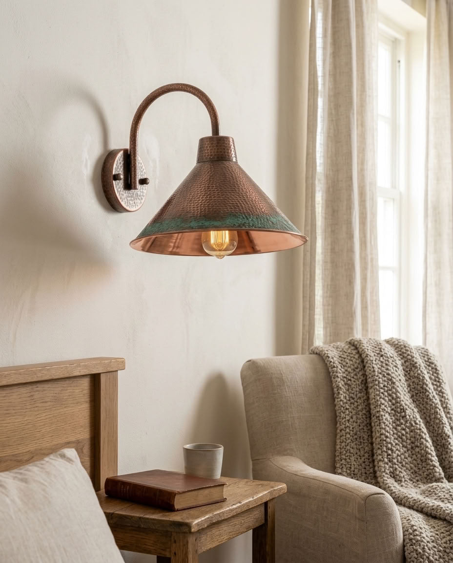 Hammered Copper Cone Wall Sconce with Patina Rim