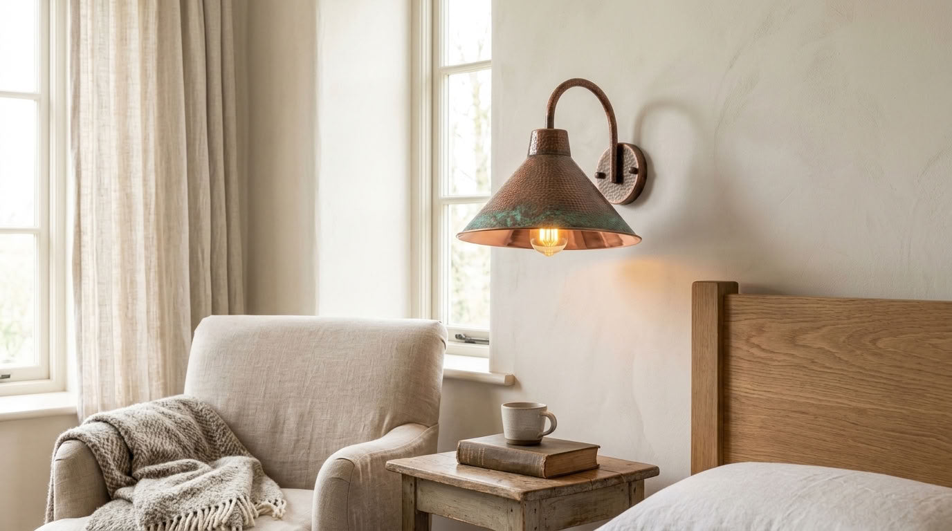 Hammered Copper Cone Wall Sconce with Patina Rim
