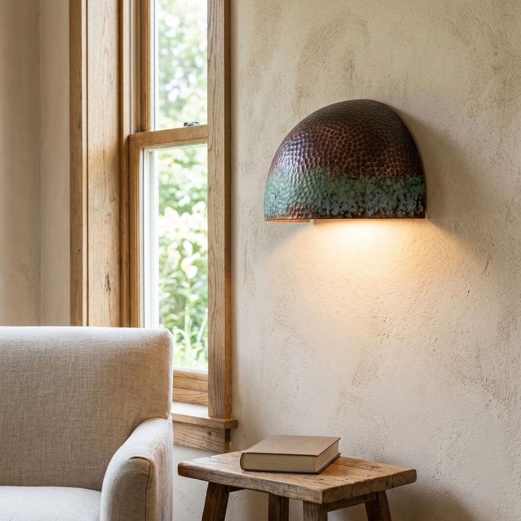 Hammered Copper Wall Sconce with Green Patina Band