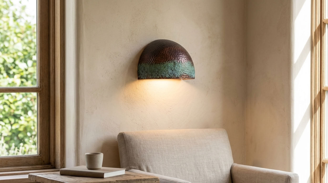 Hammered Copper Wall Sconce with Green Patina Band