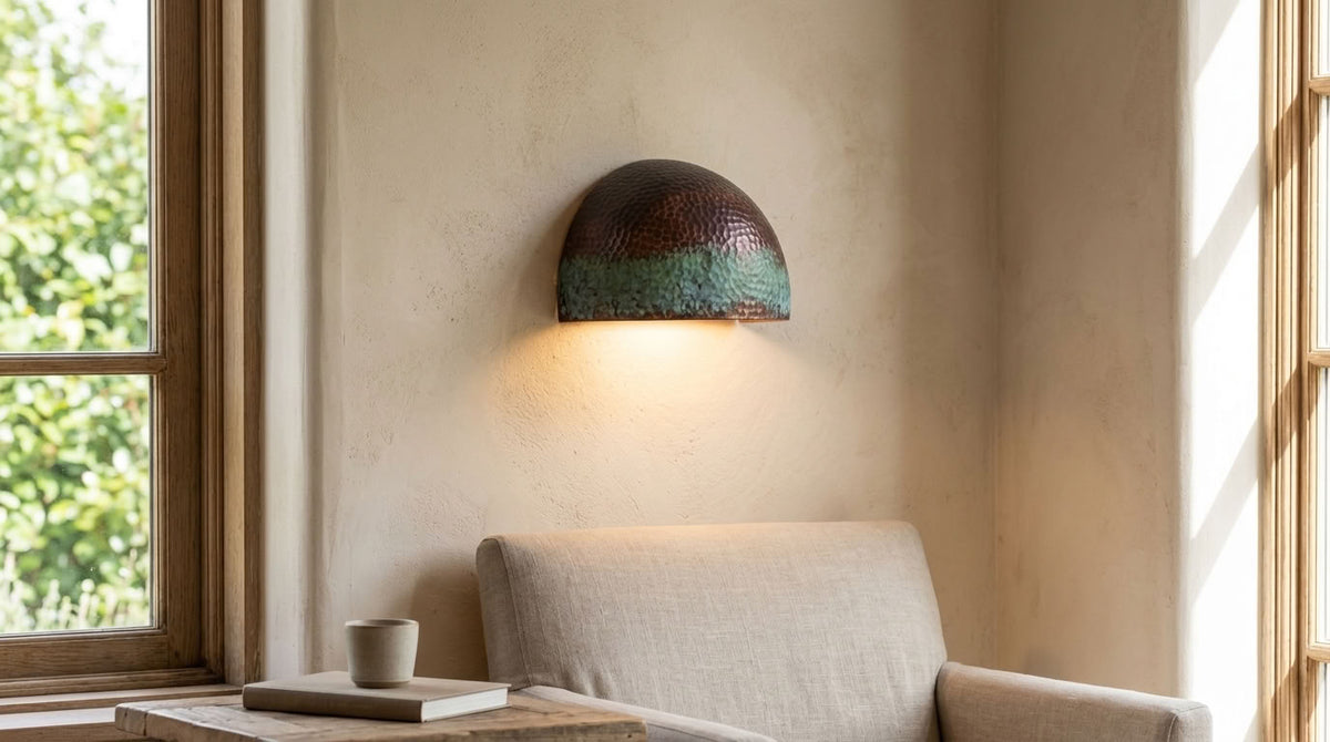 Hammered Copper Wall Sconce with Green Patina Band
