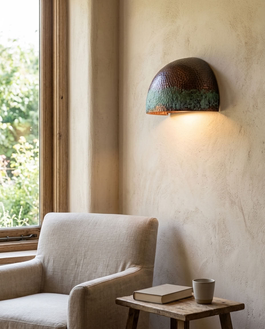 Hammered Copper Wall Sconce with Green Patina Band