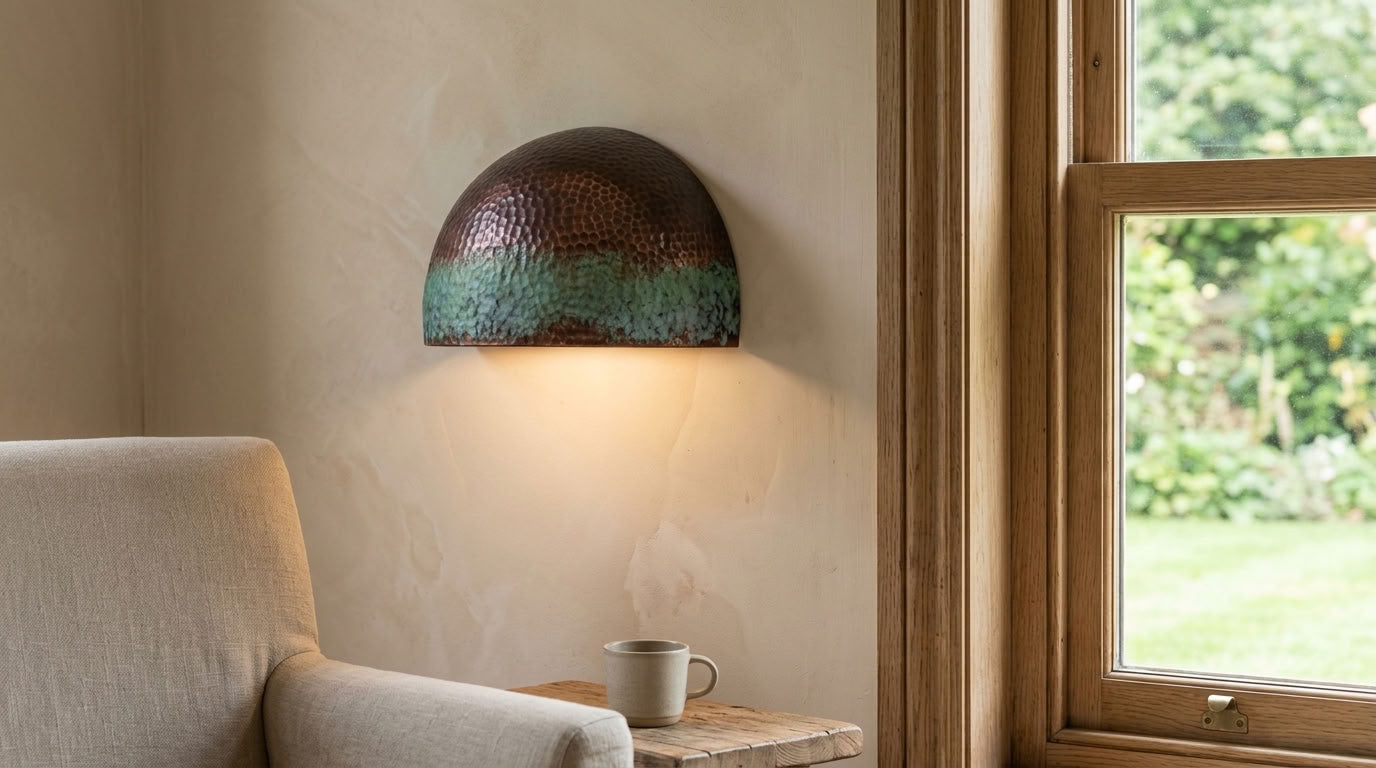 Hammered Copper Wall Sconce with Green Patina Band