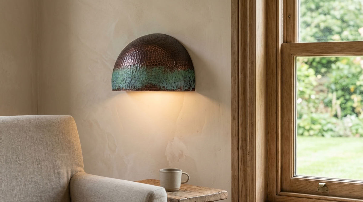 Hammered Copper Wall Sconce with Green Patina Band