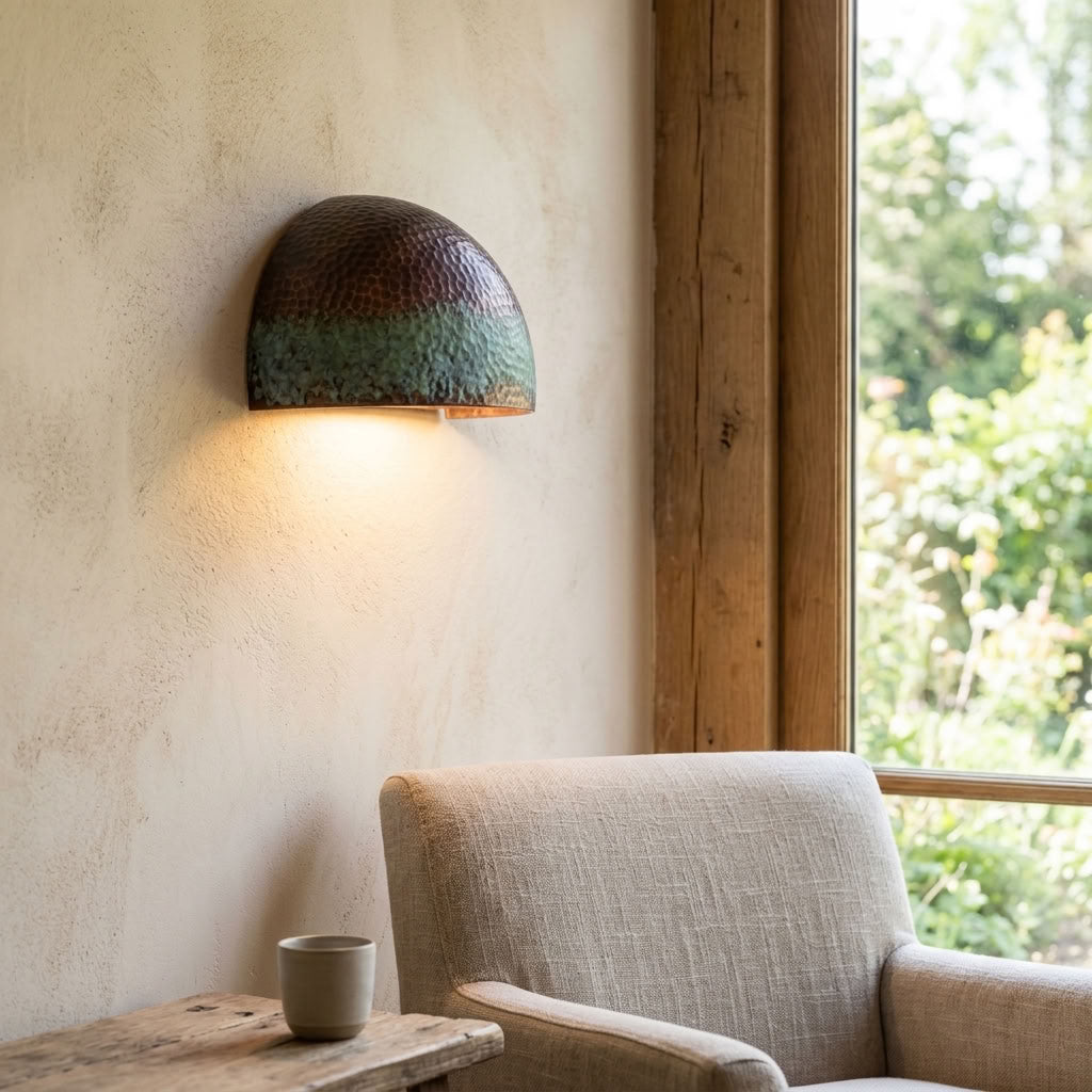 Hammered Copper Wall Sconce with Green Patina Band
