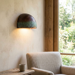 Hammered Copper Wall Sconce with Green Patina Band