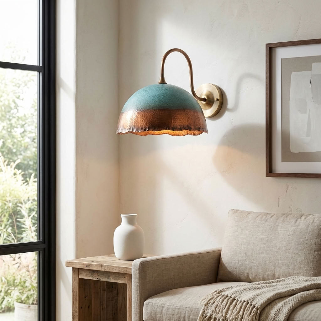 Turquoise Patina Copper Scalloped Dome Wall Sconce
