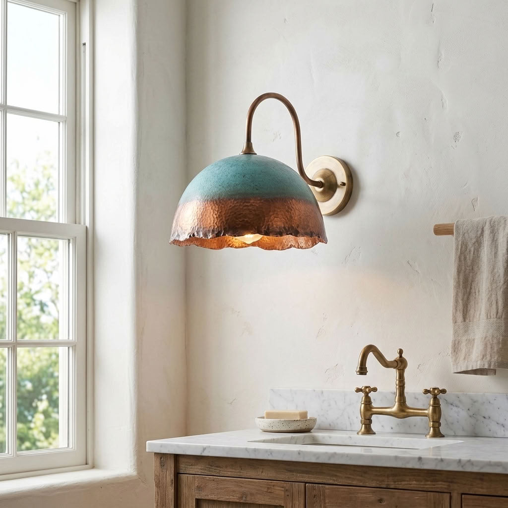 Turquoise Patina Copper Scalloped Dome Wall Sconce