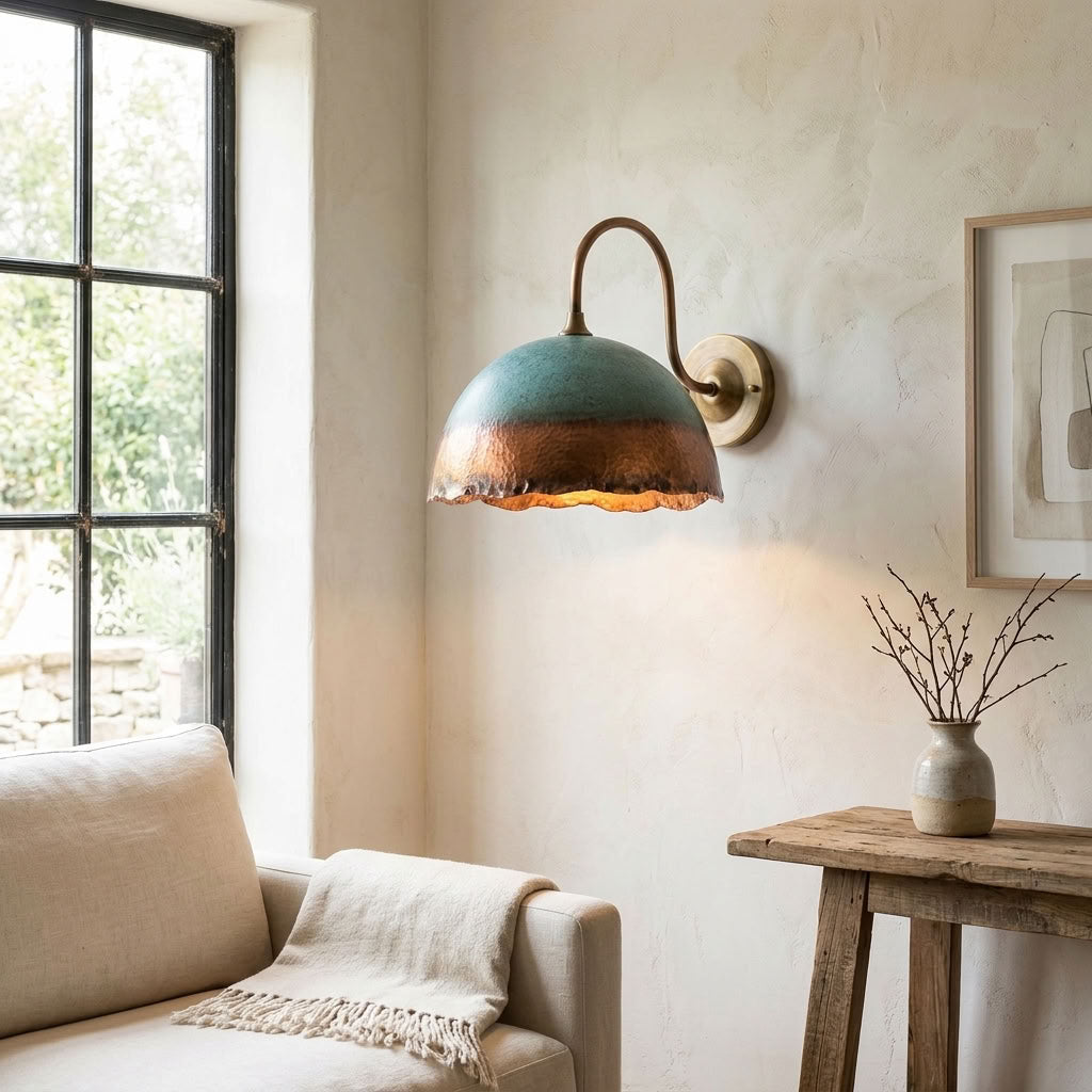 Turquoise Patina Copper Scalloped Dome Wall Sconce