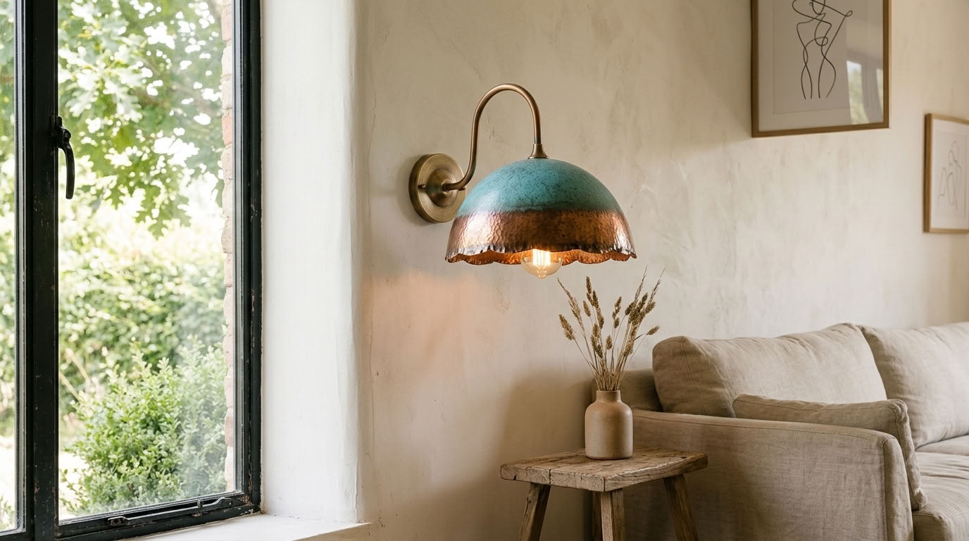 Turquoise Patina Copper Scalloped Dome Wall Sconce