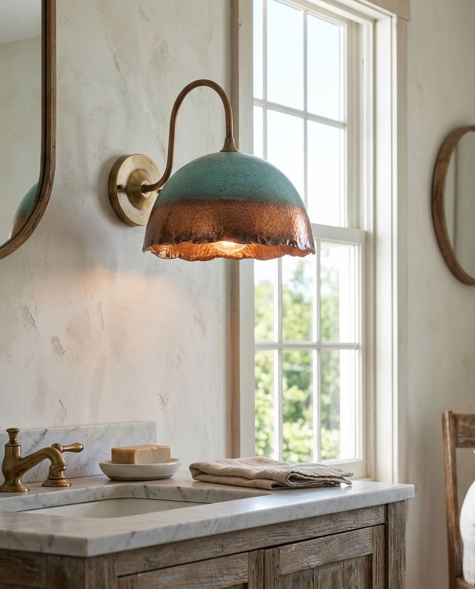 Turquoise Patina Copper Scalloped Dome Wall Sconce