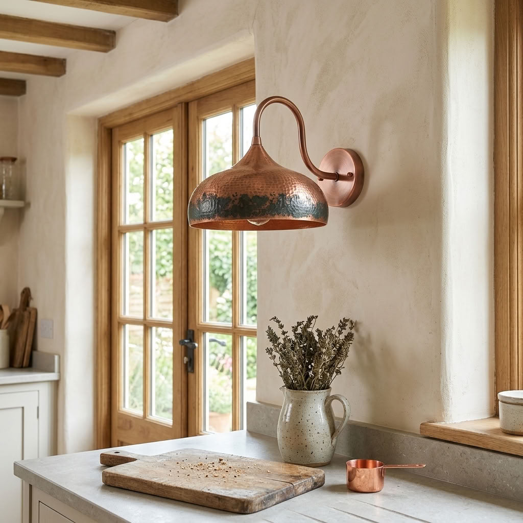 Hammered Copper Dome Wall Sconce with Verdigris Band