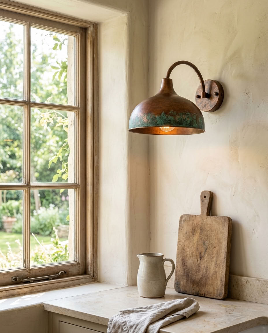 Copper Wide Dome Wall Sconce with Green Patina Band