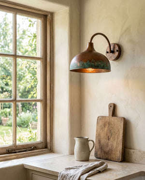 Copper Wide Dome Wall Sconce with Green Patina Band