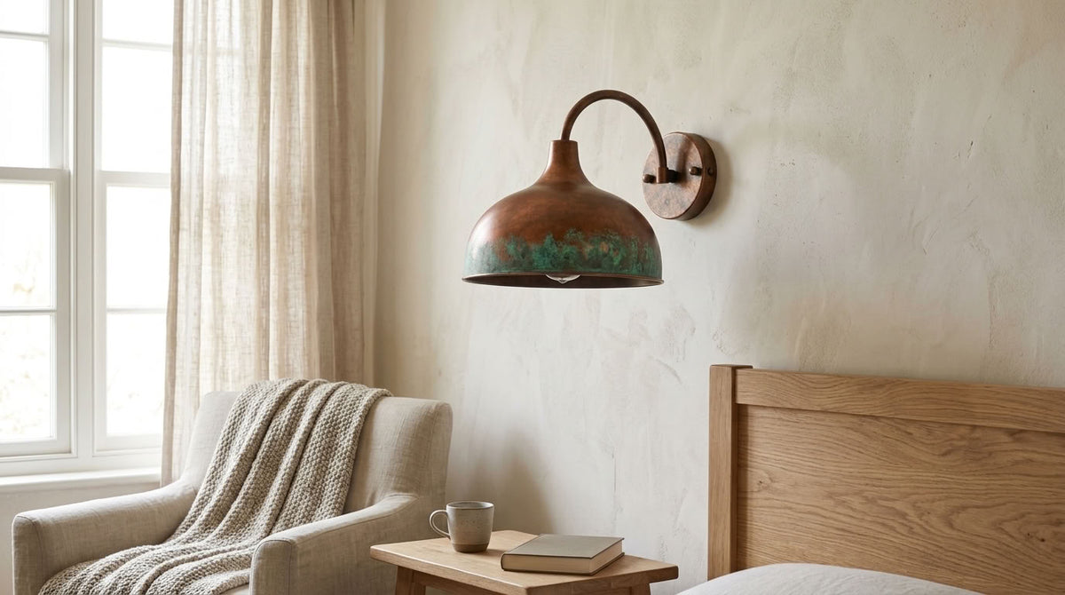 Copper Wide Dome Wall Sconce with Green Patina Band