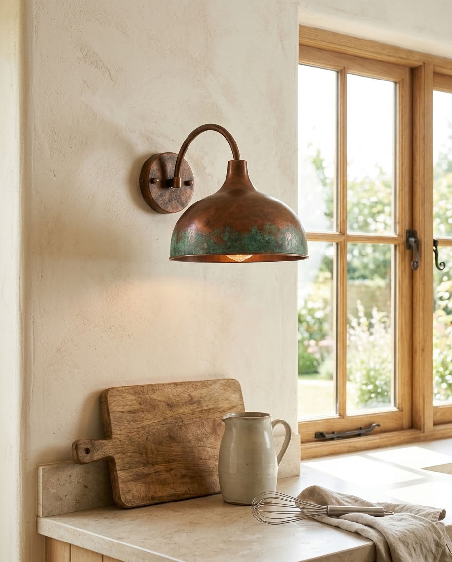 Copper Wide Dome Wall Sconce with Green Patina Band