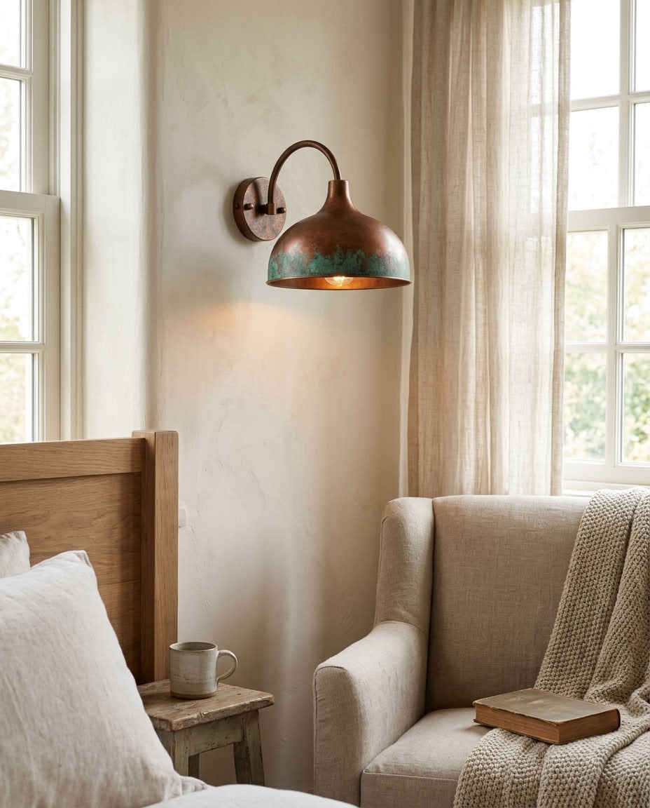Copper Wide Dome Wall Sconce with Green Patina Band