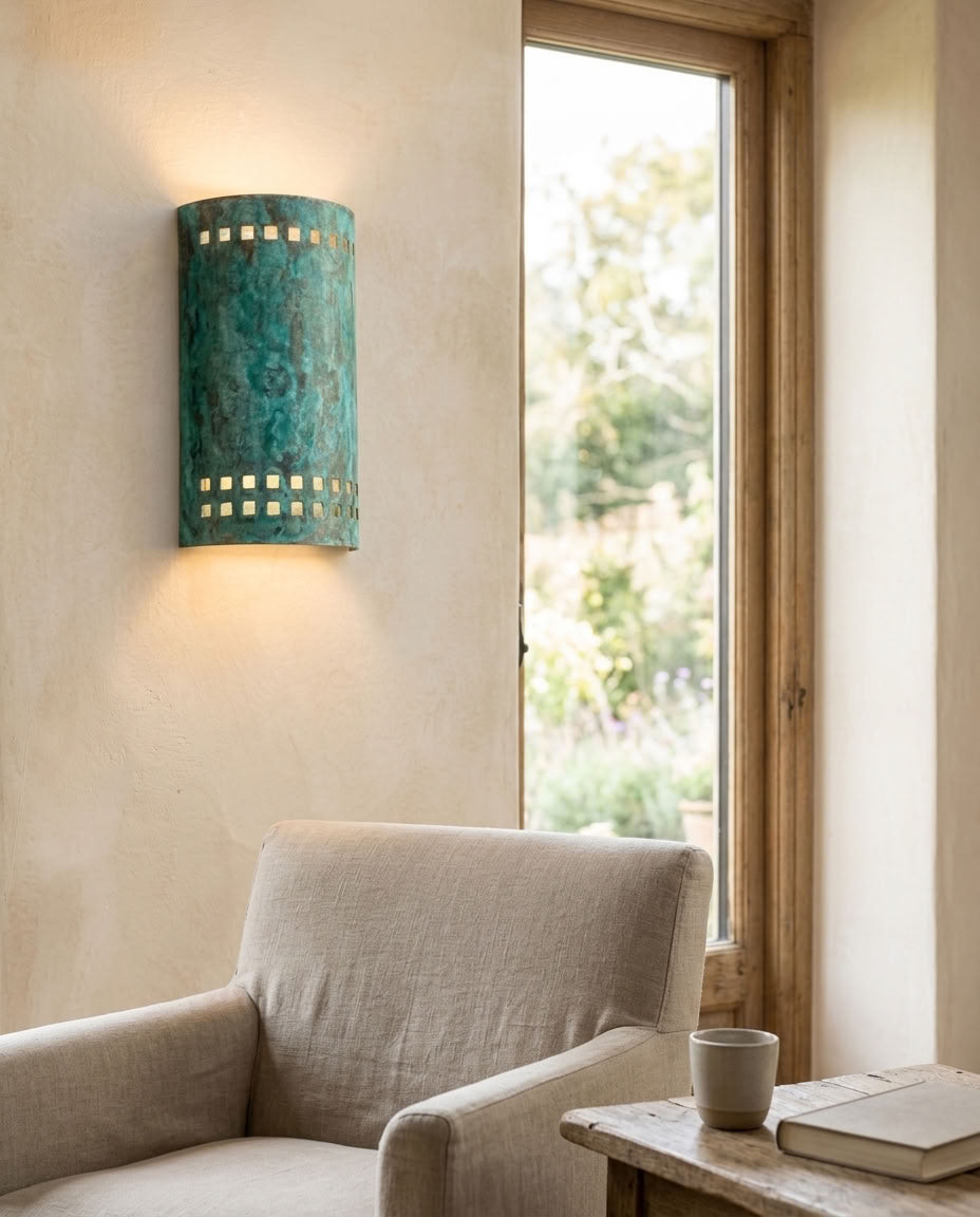 Turquoise Patina Copper Cylinder Wall Sconce with Square Cutouts