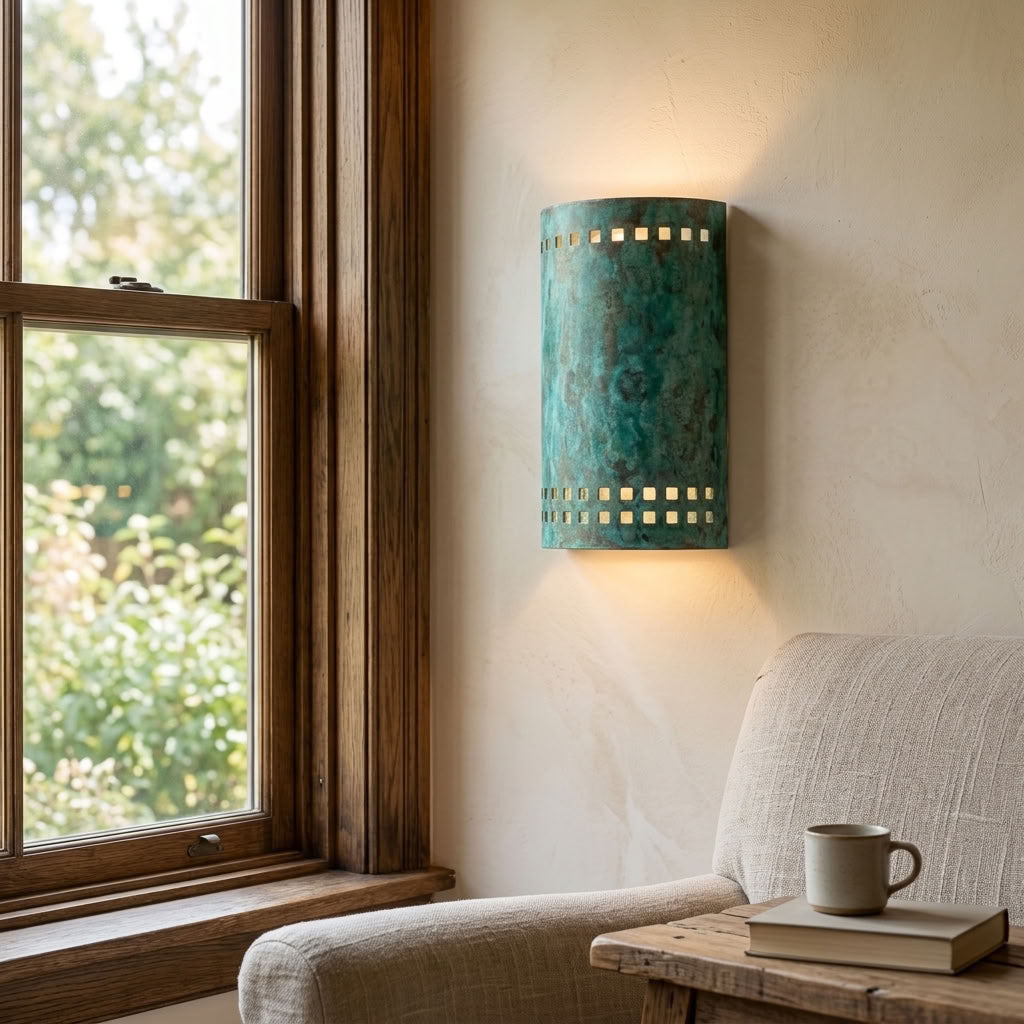 Turquoise Patina Copper Cylinder Wall Sconce with Square Cutouts