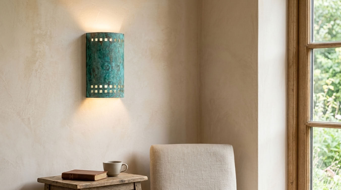 Turquoise Patina Copper Cylinder Wall Sconce with Square Cutouts