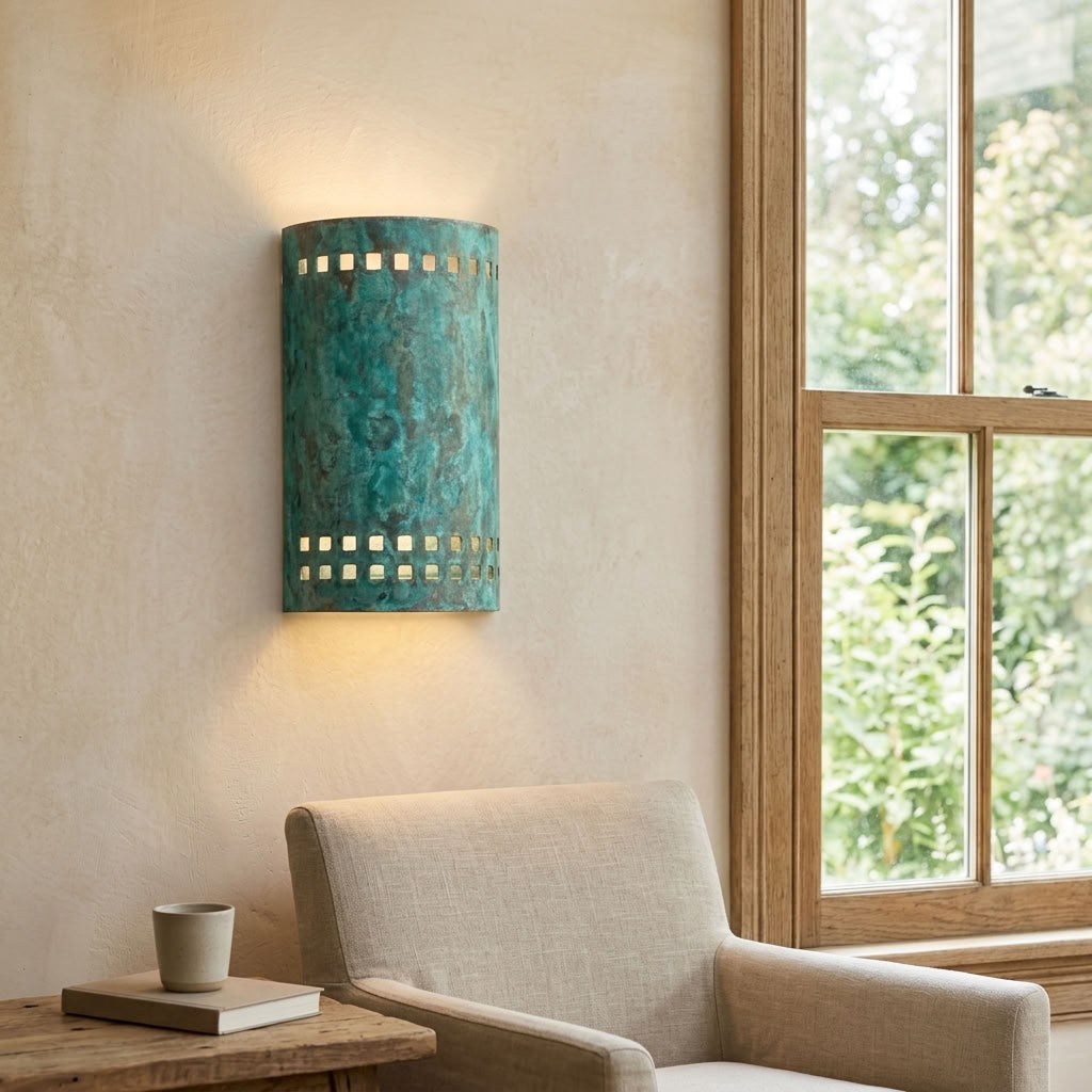 Turquoise Patina Copper Cylinder Wall Sconce with Square Cutouts