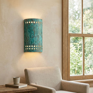 Turquoise Patina Copper Cylinder Wall Sconce with Square Cutouts