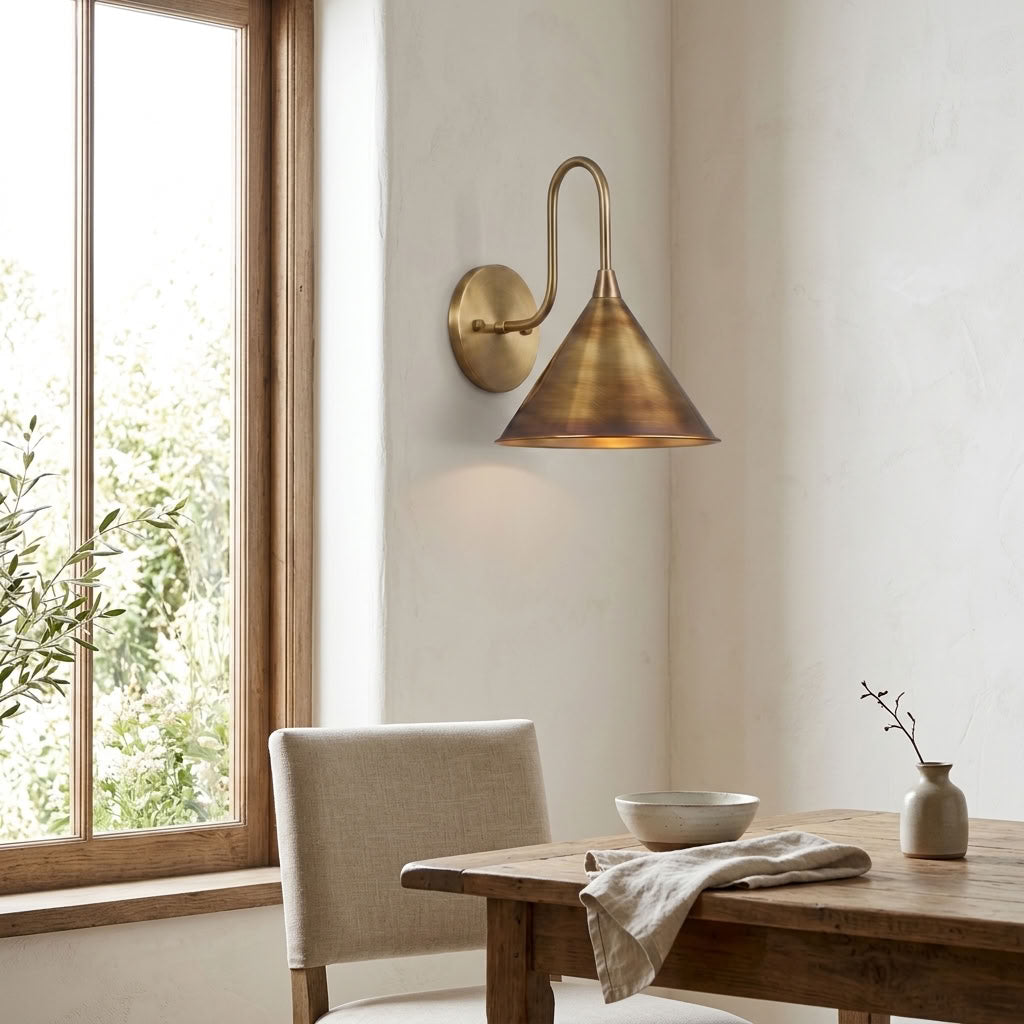Antique Brass Cone Wall Sconce with Curved Arm