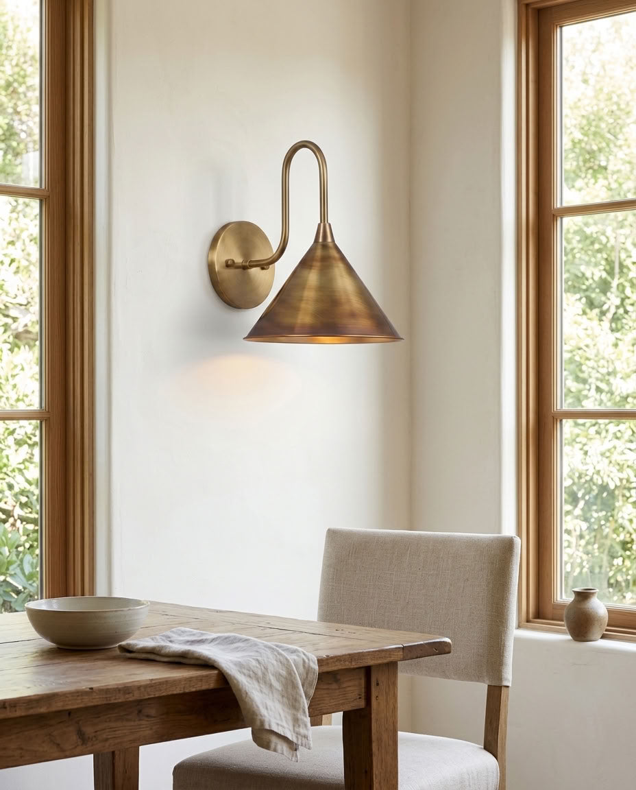 Antique Brass Cone Wall Sconce with Curved Arm