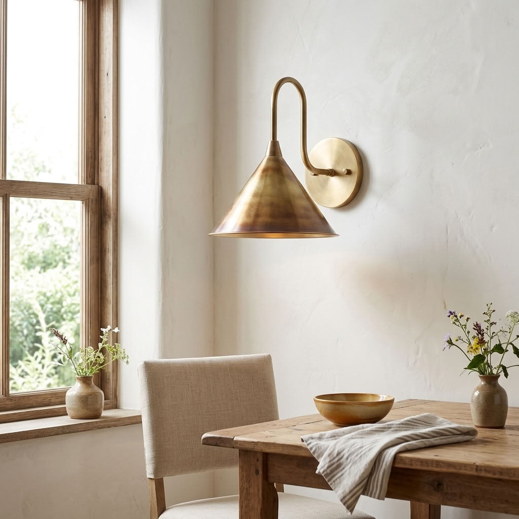 Antique Brass Cone Wall Sconce with Curved Arm