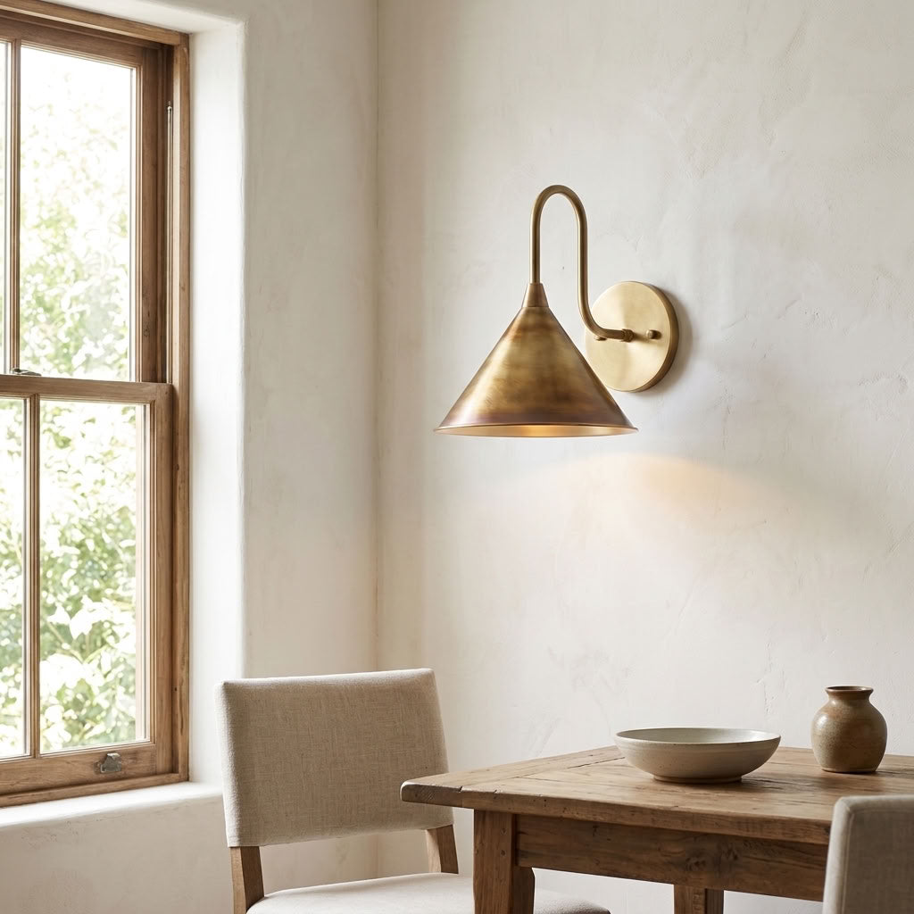 Antique Brass Cone Wall Sconce with Curved Arm