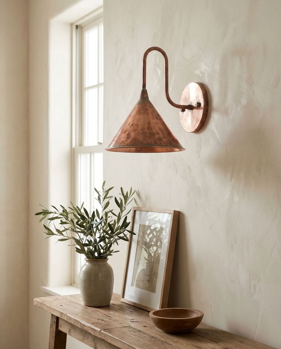 Hammered Copper Cone Wall Sconce with Green Patina Rim
