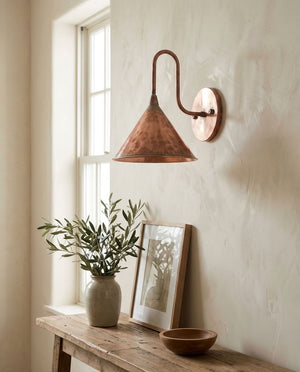 Hammered Copper Cone Wall Sconce with Green Patina Rim