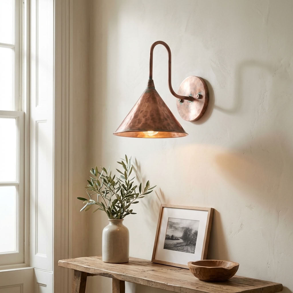 Hammered Copper Cone Wall Sconce with Green Patina Rim
