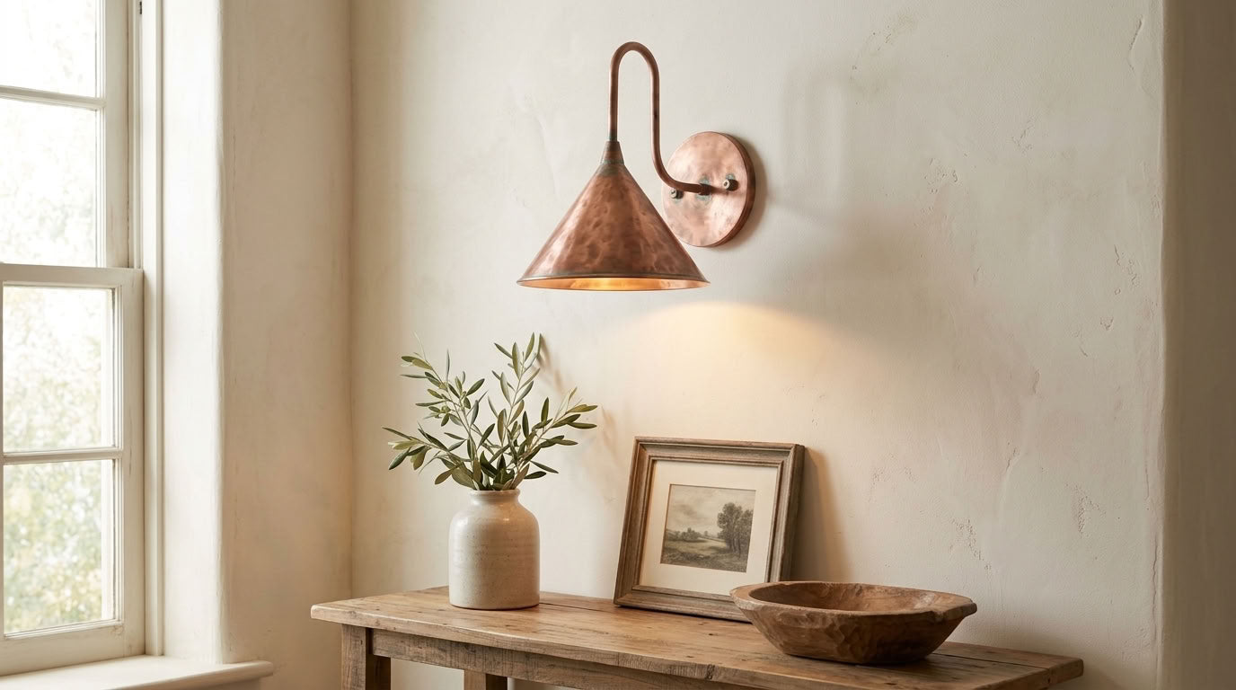 Hammered Copper Cone Wall Sconce with Green Patina Rim