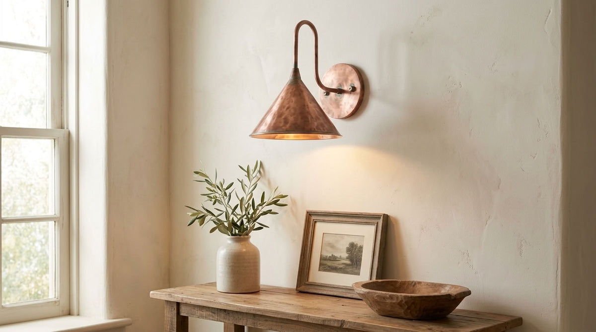 Hammered Copper Cone Wall Sconce with Green Patina Rim