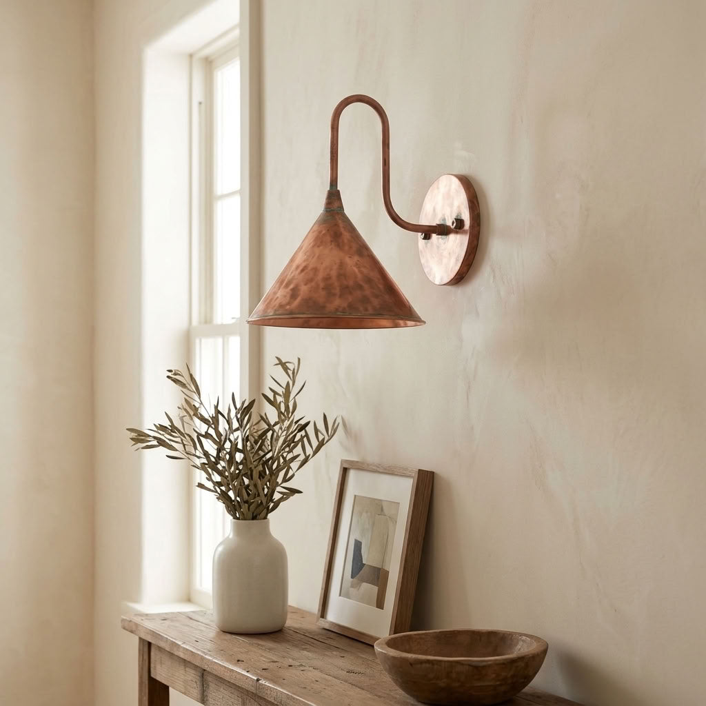 Hammered Copper Cone Wall Sconce with Green Patina Rim