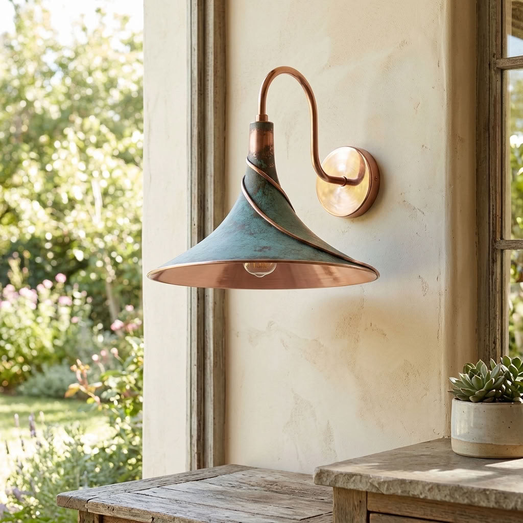 Verdigris Copper Cone Wall Sconce with Spiral Detail