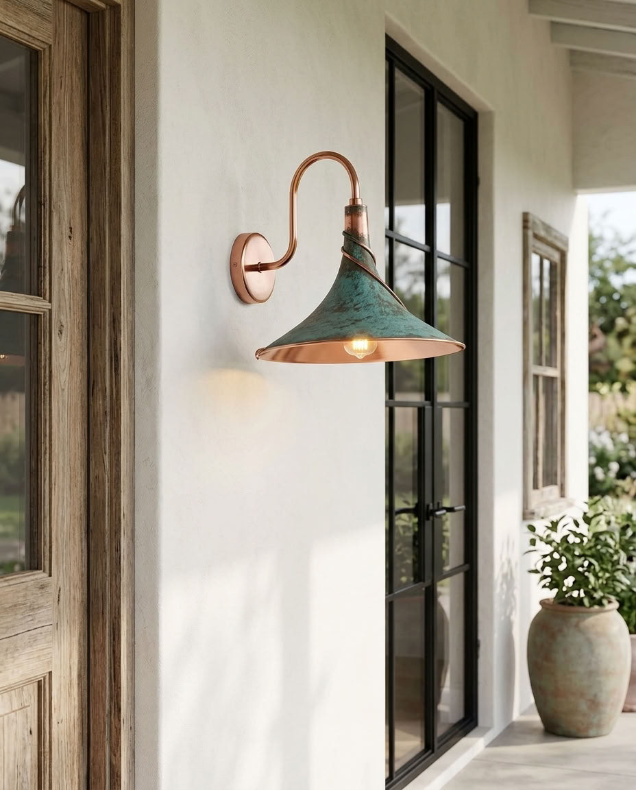 Verdigris Copper Cone Wall Sconce with Spiral Detail