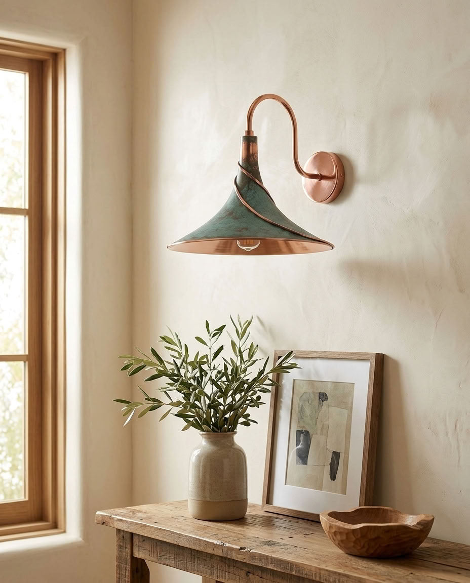 Verdigris Copper Cone Wall Sconce with Spiral Detail