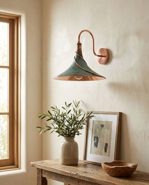 Verdigris Copper Cone Wall Sconce with Spiral Detail