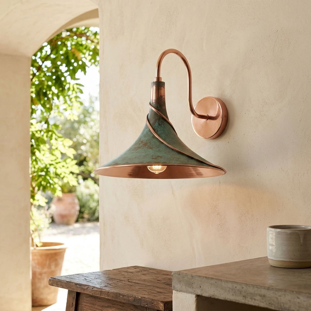 Verdigris Copper Cone Wall Sconce with Spiral Detail