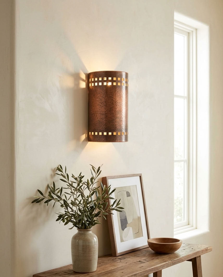 Hammered Copper Cylinder Wall Sconce with Square Cutouts