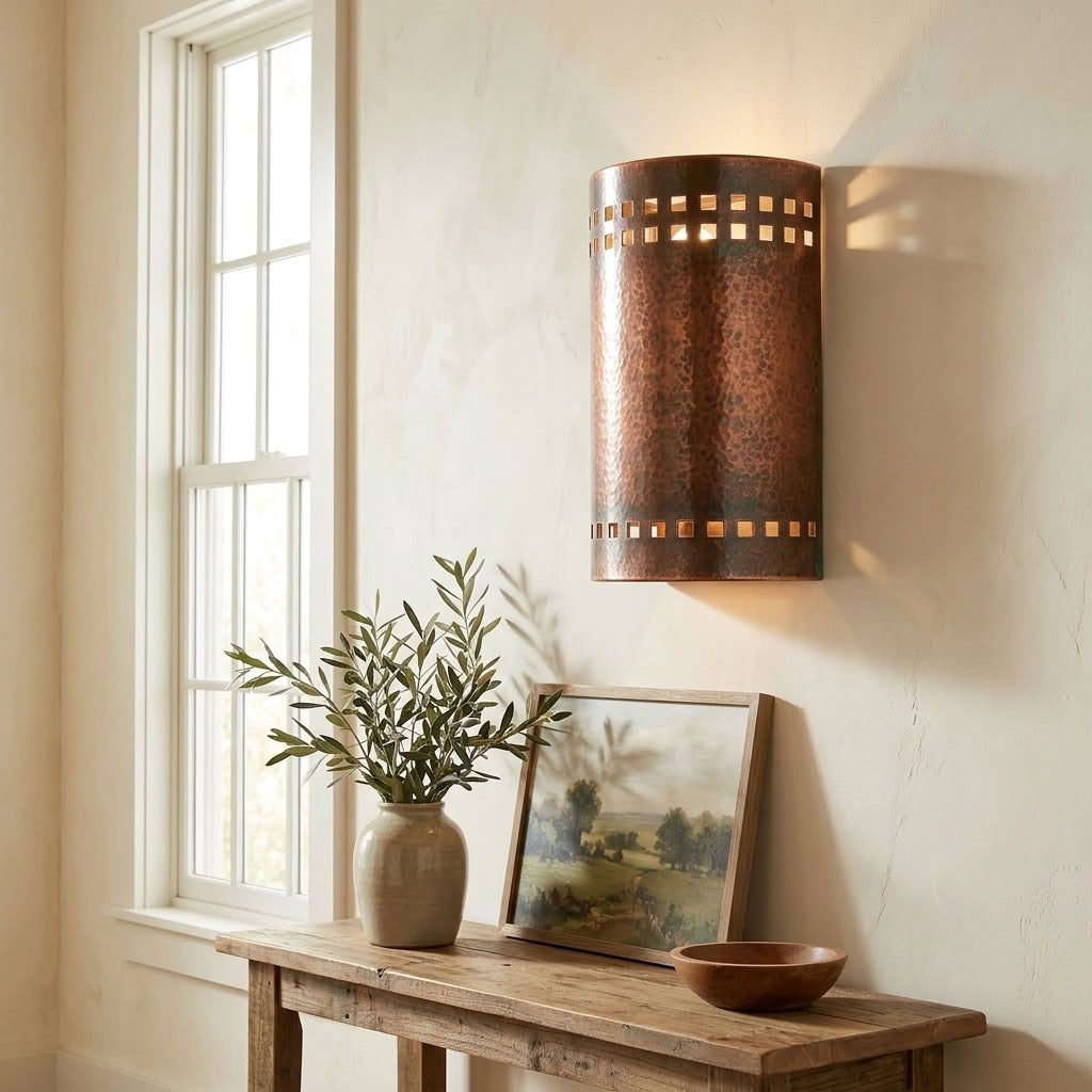 Hammered Copper Cylinder Wall Sconce with Square Cutouts