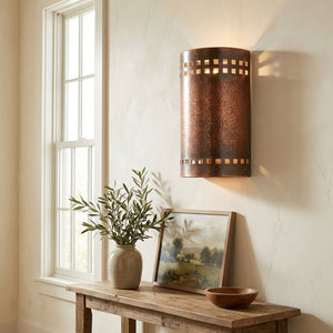 Hammered Copper Cylinder Wall Sconce with Square Cutouts